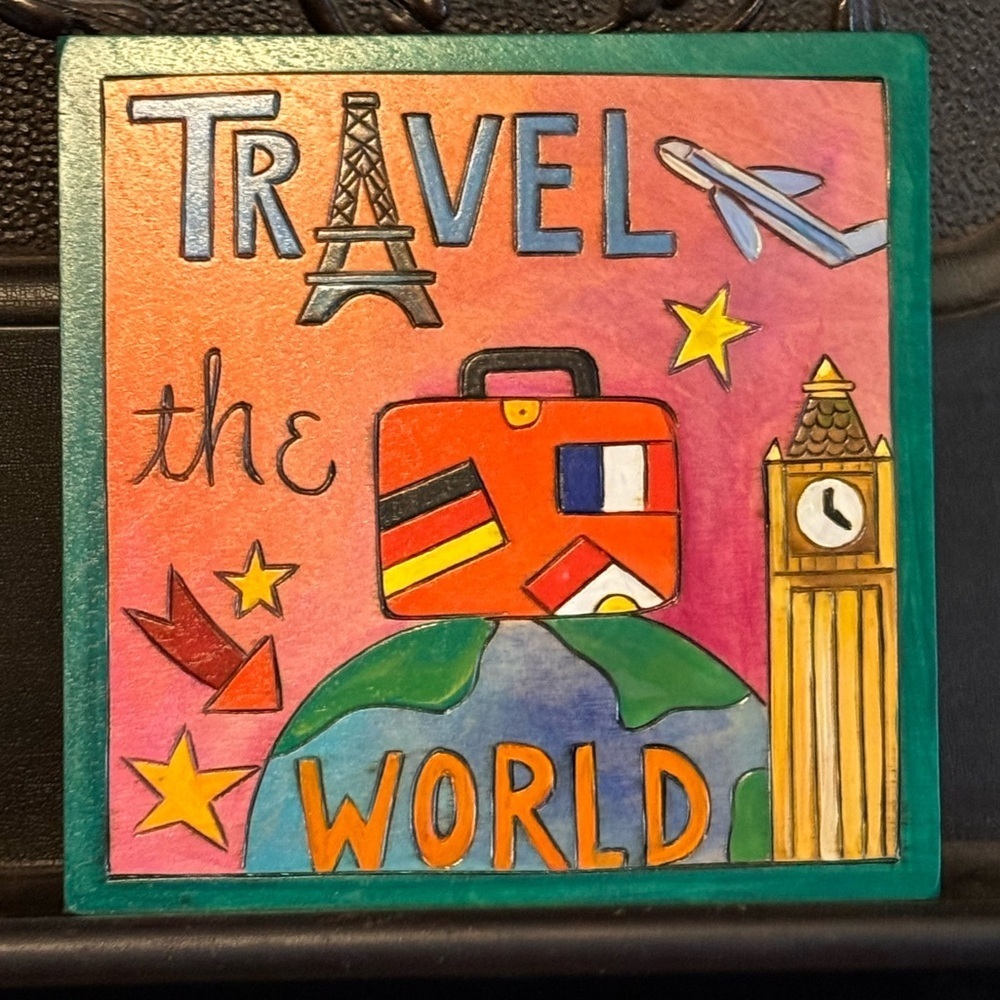 Sticks Handmade "Travel the World" 7"x7" wood plaque